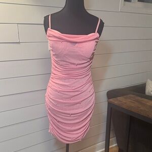 Windsor Pink Ruched Cowl Neck Mini Dress with Embellishments Size Large